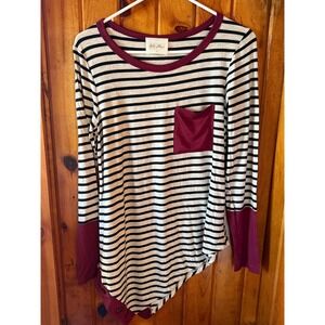 Ella Mara Womens Small Striped Colorblock Asymmetrical Button Hem Top Burgundy